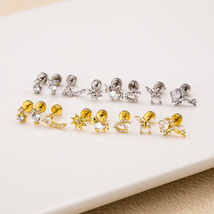 Henson's new ear bone nail Korean fashion love butterfly zircon stainless steel thin rod round cake single head screw ear nail
