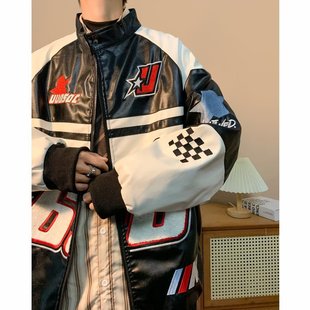 American hip hop racing suit motorcycle leather jacket men's flocking embroidered loose casual windproof riding jacket ins