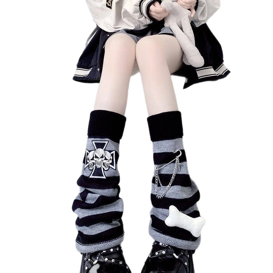Original Black and Gray Striped Bone Leg Warmers Spicy Girl Subculture Calf Socks Y2K Autumn and Winter Harajuku Punk Slouch Socks