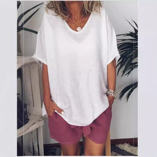 Cross-border Amazon European and American Summer New Solid Color Loose Short-sleeved Casual Cotton and Linen T-shirt