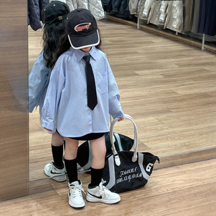 Girls' Spring College Style Hip-Hop Casual Loose Blue Shirt Top Washed Cotton Black Short Skirt with Safety Pants