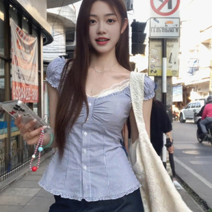 New French Style Sweet and Sexy Summer Striped Versatile Short-Sleeved Design Shirt Top