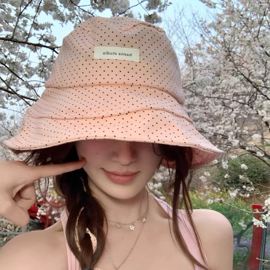 Polka Dot Tie-Up Fisherman Hat for Women, Spring and Summer 2026 New Style, Large Brim Sun Protection Hat, Makes Face Look Smaller, Outdoor Sunshade Hat