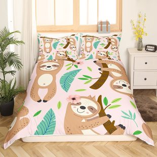 Cute Sloth Sunflower Duvet Cover Cartoon Animal Butterfly Bedding suit Plant Flower Three-piece Set