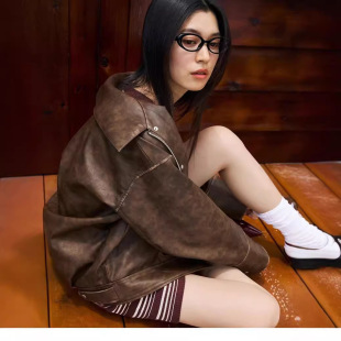 WZFS24073 Autumn and Winter Japanese New Cool Sa Lapel Maillard Faux Leather Jacket Motorcycle Jacket Cross Border