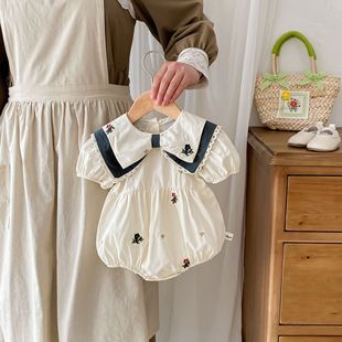 2024 Summer New Baby Korean Style Skirt Contrast Lapel Embroidered Short-sleeved dress Sisters Dress