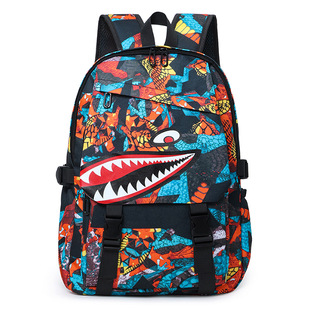 Personalized graffiti shark shoulder bag Korean men's and women's student schoolbag large capacity leisure all-match sports backpack wholesale