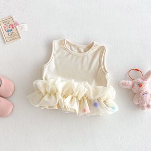 Girls Mesh Vest 2025 New Summer Baby Sweet Stitching T-Shirt Children's Ice Cream Denim Shorts Trendy