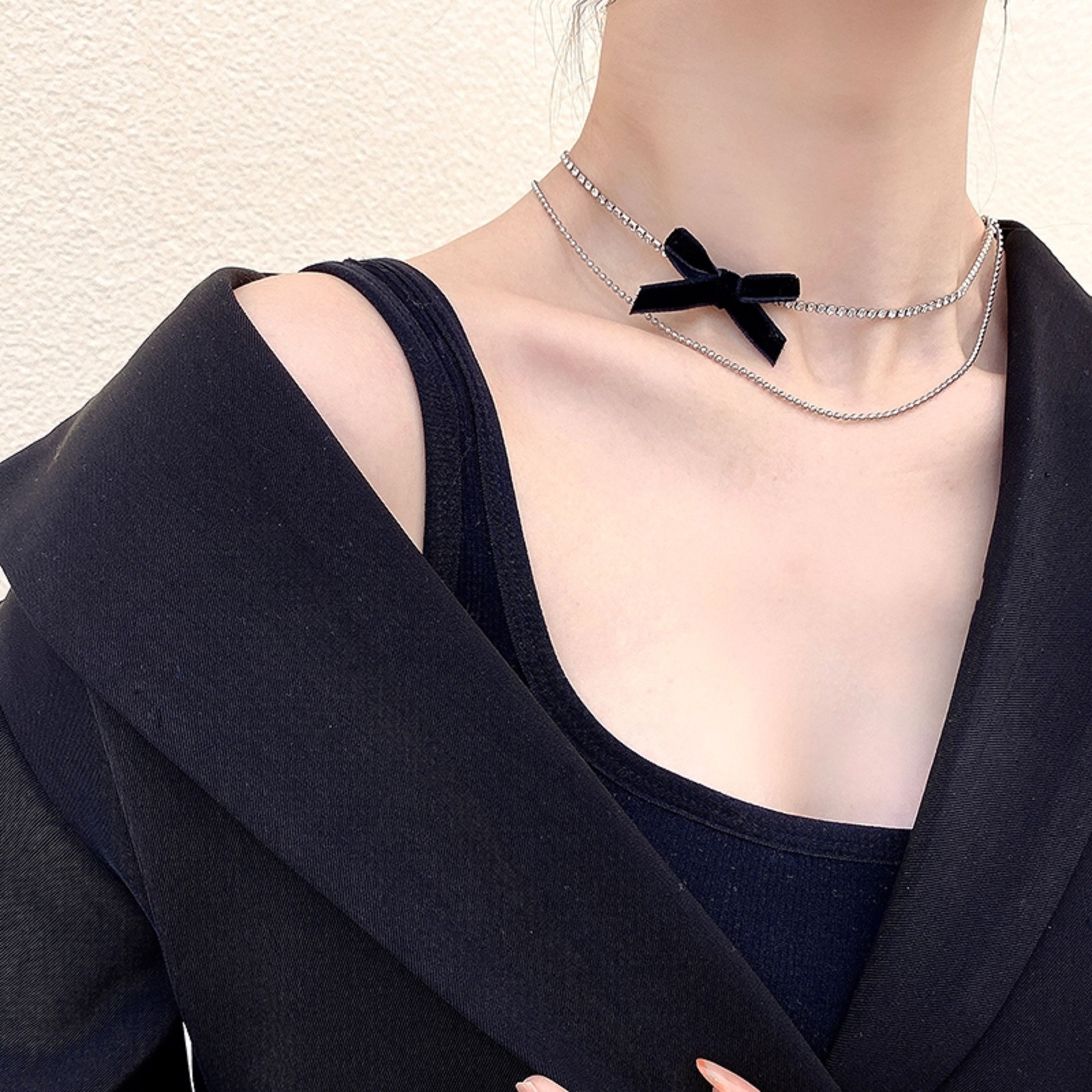 Ballet Girl Style Bow Crystal Zircon Necklace Double Layer Overlapped Collarbone Chain choker Necklace Cross Border Jewelry