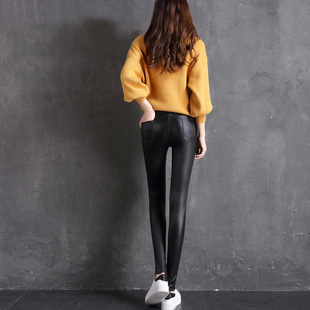 Autumn and winter matt high waist fleece-lined leather pants women's outer wear 2025 spring and autumn tight slim thickened thin leggings