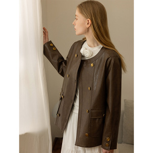 CHIC Vintage brown Wax Leather Women's Leather Coat Women's 2024 Autumn New Maillard High Sense Jacket