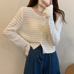 Gentle style hollow-out sweater cardigan women's thin loose lazy style outer coat blouse top for 24 summer