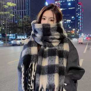Korean style Maillard color scarf autumn and winter girls atmosphere high sense brown check dual-purpose shawl scarf thickened