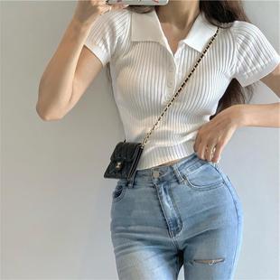 Summer 2023 Internet Celebrity Slim fit slimming short top Korean style retro small lapel short sleeve knitted T-shirt for women
