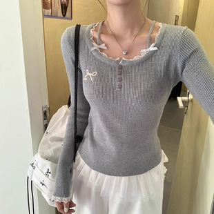Gentle Sweet Style Lace Long-sleeved T-shirt Women's Spring New Korean Style Slim-fit Slim-fit Grey Top