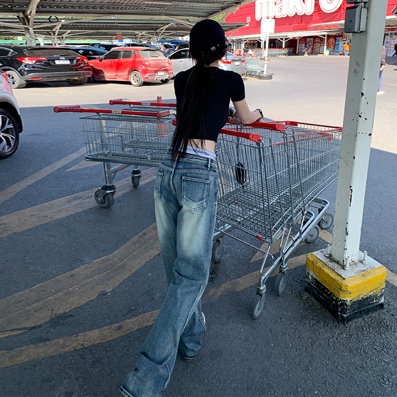Young Orange# American Style Retro Washed Design Sense Wide Leg Jeans Women's Loose Slimming Old All-match Straight Pants Trendy