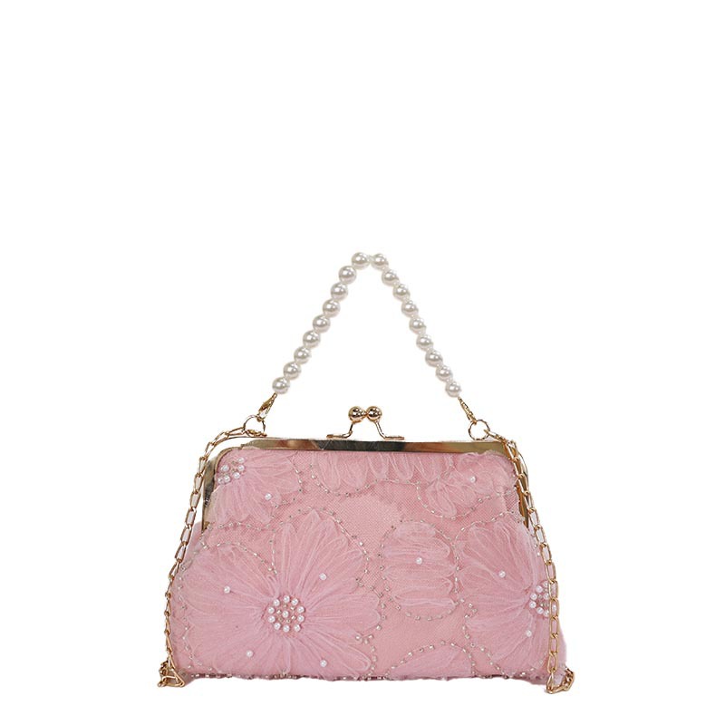 Solid color retro seashell bag, new summer 2026 style, simple beaded clip chain bag, Chanel-style canvas small square bag.