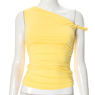 Y24TP145 European and American Women's Summer New Solid Color Shoulder Collar Pleated Asymmetrical Sexy Slim Top for Women