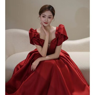 plus size Satin Toast Dress chubby girl Slim wine red High Sense Bride Wedding Temperament Banquet Dress 200kg