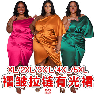 AP7078 European and American Fashion Large Size Women's Clothing Amazon Nightclub Pleated Zipper Asymmetric Single-Side Sleeve Light Skirt