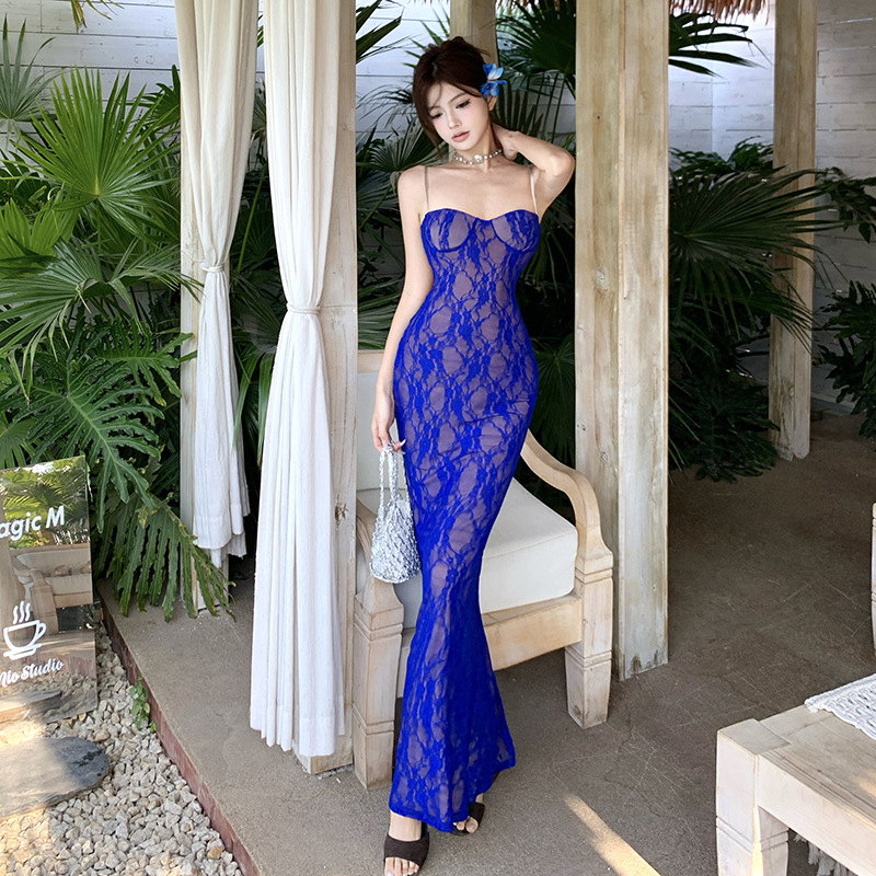 Royal Blue Resort-Style Dress for Women, Slim Fit, Strapless, Backless, Mermaid Tail, Bodycon, Birthday Dress, Long Dress, Knitted Fabric
