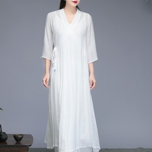 Chinese-style Zen Women's cotton and linen tea clothing Zen clothing Zen dance clothing retro hanfu dress two-piece set Wholesale