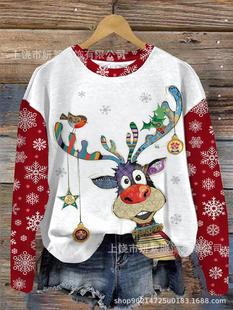 2023 cross-border new Amazon independent station 3d printing Christmas round neck pullover shoulder sleeve sweater coat women
