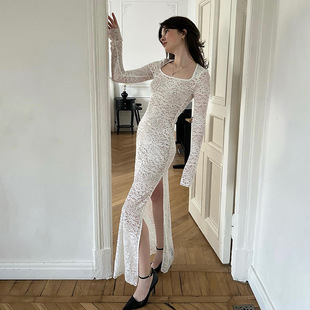 JY24482 Design Sense Lace Long-sleeved Split dress Women's Pure Desire Hot Girl Sexy Micro-transparent Slim-fit Long Dress