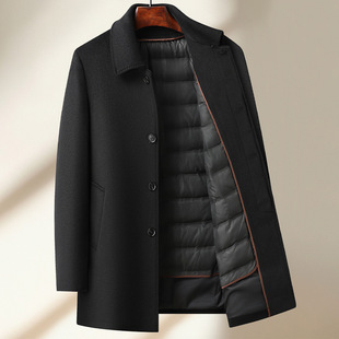 Removable liner solid color business wool double-sided woolen coat men's autumn and winter suit collar mid-length casual coat men's