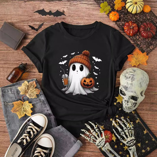 Foreign Trade Round Neck Short Sleeve Halloween Pumpkin Printed Loose Casual Top AliExpress T-Shirt Cross Border