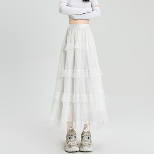 Fei Yuan's Gentle Style Lace Stitching Pleated Skirt Women's Spring and Summer 2025 Elasto High Waist A- Line Long Skirt Cake Skirt