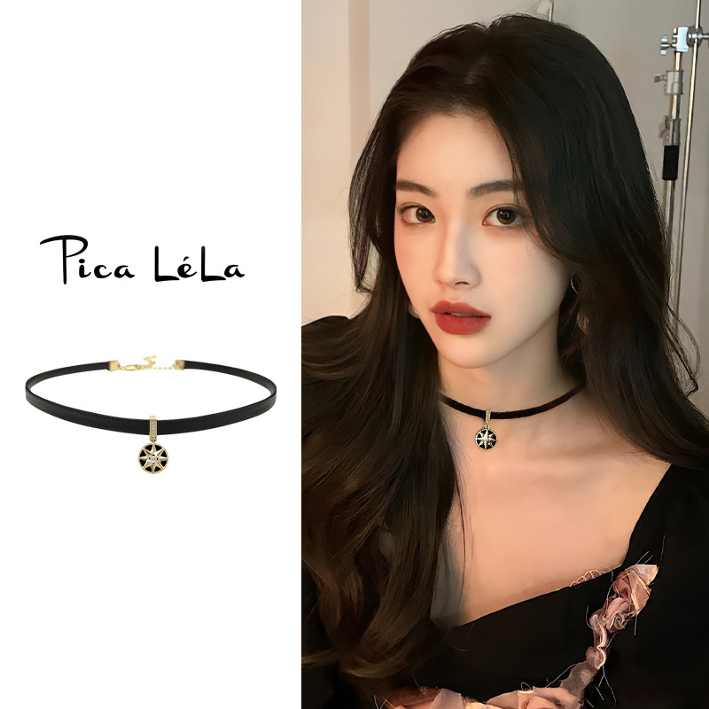 Black Neck Strap Necklace Light Luxury Collar Chain Women's Retro Niche High-end Necklace Chain Cool Pendant Neck Accessories Collar