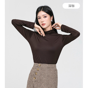 2022 New pile collar fashion women's autumn and winter white long sleeve top T-shirt solid color mask clothing base shirt