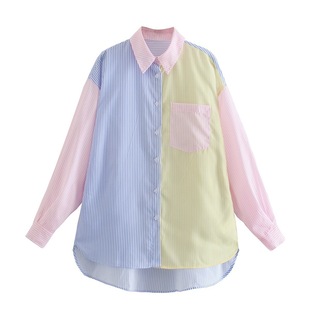 2021 AliExpress ebay European and American explosions autumn three-color stitching color matching long sleeve loose women's shirt top