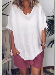 Cross-border in stock Amazon 2025 Europe and the United States summer new solid color loose short sleeve casual cotton and linen T-shirt