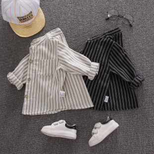 Boys' Long-Sleeved Shirts, New Baby Boy Shirts, Kidsren's Spring and Summer Style Korean Style Tops, Trendy Kidsren's Vertical Striped Shirts