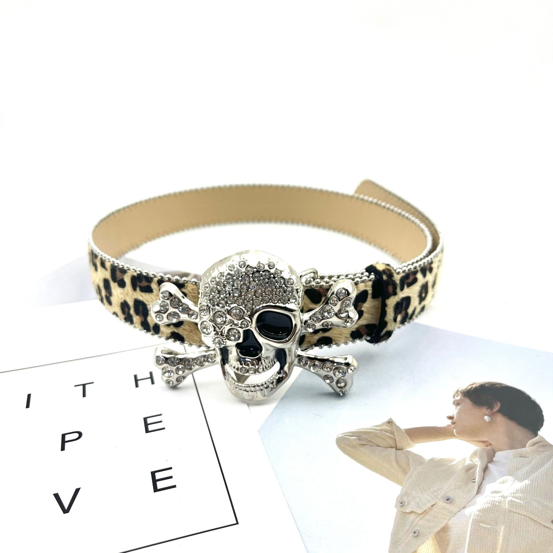 Leopard-print horsehair series belt personalized diamond-encrusted one-eyed skull youth belt punk style snap-button casual pants belt