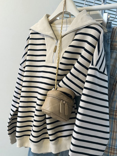 BF Lazy Style Striped Polo Lapel Long Sleeve Sweatshirt Women's Spring and Autumn Thin Korean Style Loose Casual Half Zip Top