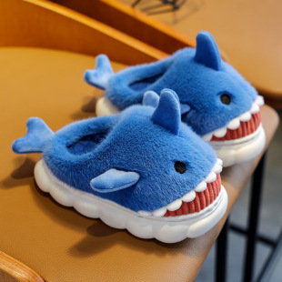 Cartoon Shark Cotton Slippers Boys' Indoor Home Soft Bottom fleece-lined Warm Mid-Large Children's Non-Slip Slippers for Winter