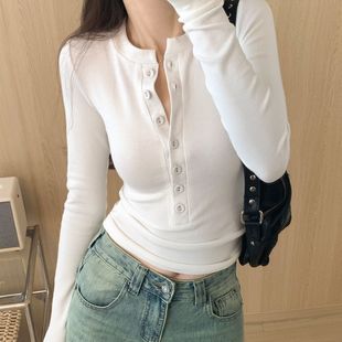 Heart V-neck button Korean long sleeve T-shirt women's 2025 spring autumn and winter new pure slim bottoming shirt inner top