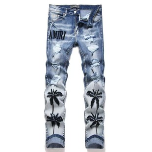 American-Style Men's Ripped Jeans with Embroidery, Trendy Patchwork, Slim Fit, Stretchy, Trendy Brand Casual Pants, Personalized Skinny Fit