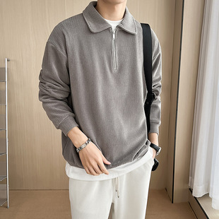 Autumn and winter light mature style Polo lining solid color popular long-sleeved sweater men's Korean-style loose pullover lapel sweater men
