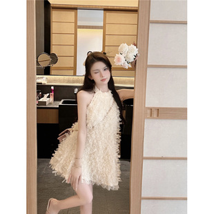 Pure Desire Style Hot Girl Neck dress Summer New Elegant Fashion Design Sense Loose Backless Tassel Skirt