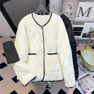Contrast Color Chanel Style Diamond Plaid Cotton-padded Jacket Women's 2023 Autumn and Winter New Box Top Women's All-match Long-sleeved Short Jacket