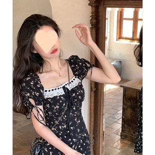 French Style Square Collar Printed dress Children's 2025 Summer New Gentle Temperament Tight Waist Slimming First Love Split Long Dress