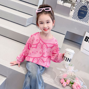 Spring and Autumn New Girls' Baby Full Print Cat Sweatshirt Cartoon Cute Children's Western Style T-shirt Long Sleeve Top Trendy