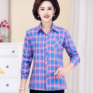 Mother's Pure Cotton Shirt Spring and Autumn Long-sleeved Plaid Shirt for Middle-aged Women's Summer Wear Thin Coat Women's Fanxing