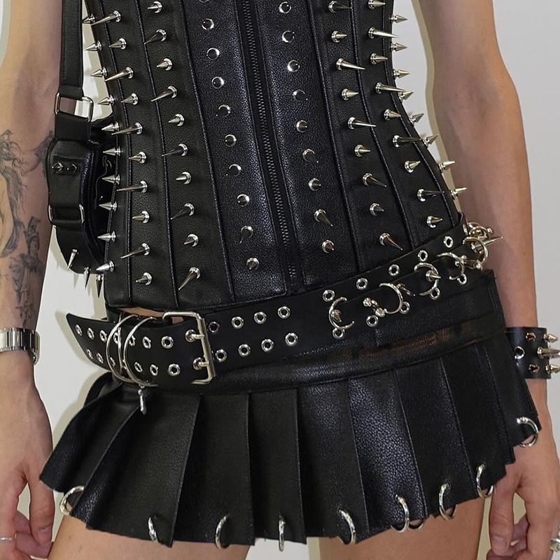 Dark Punk Style Metal-Decorated Leather Pleated Skirt Summer European and American Hot Girl Low-Waist Skirt New Short Skirt for Women
