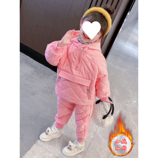 Girls Winter suit 2024 New Baby Girls Cotton fleece-lined Hooded suit Children's Cotton Clothes Cotton Pants Two-piece Set