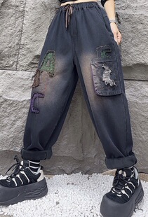 2024 winter new letter Denim plus velvet Harlan pants washed white elastic waist lace-up old trousers women